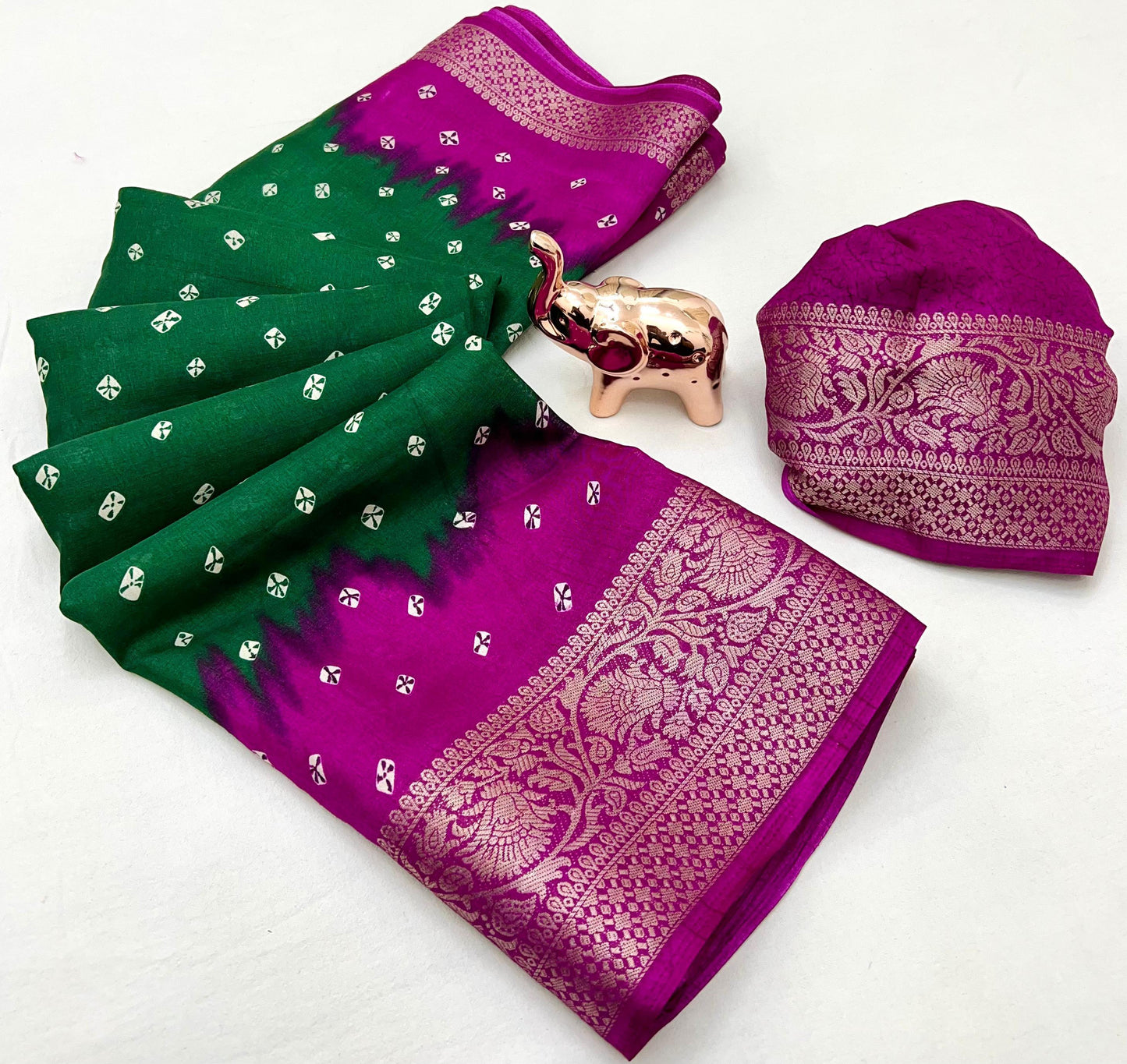 Soft dola silk saree with beauitful bandhini print and jacquard woven border