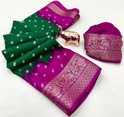 Soft Dola Silk Bandhani Print Saree with Jacquard Woven Border – Elegant Traditional Wear | Swaraas.in