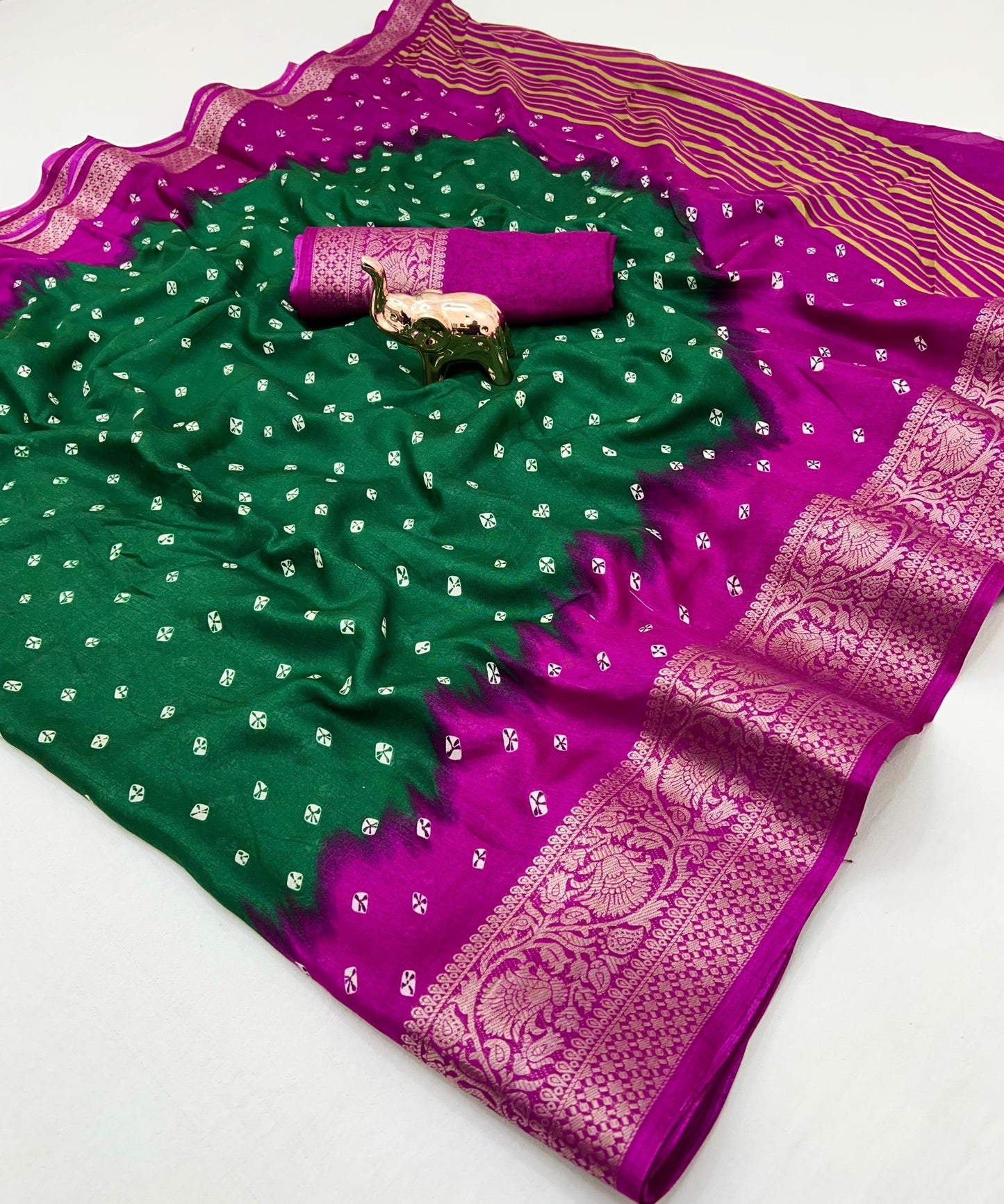 Soft dola silk saree with beauitful bandhini print and jacquard woven border