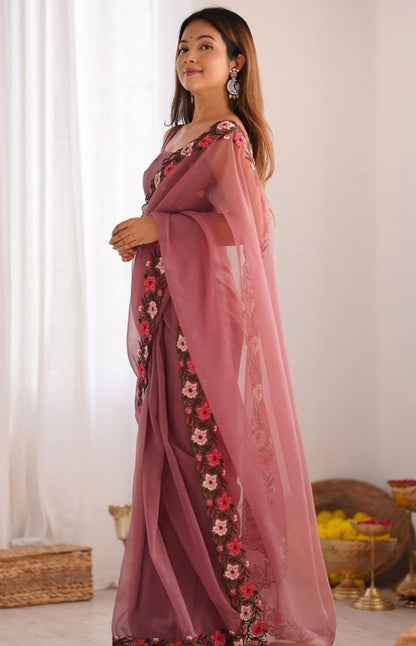 Pastel Faux Georgette Saree with Intricate Multi-Thread Embroidery & Heavy Work Blouse – Elegant Party Wear | Swaraas.in