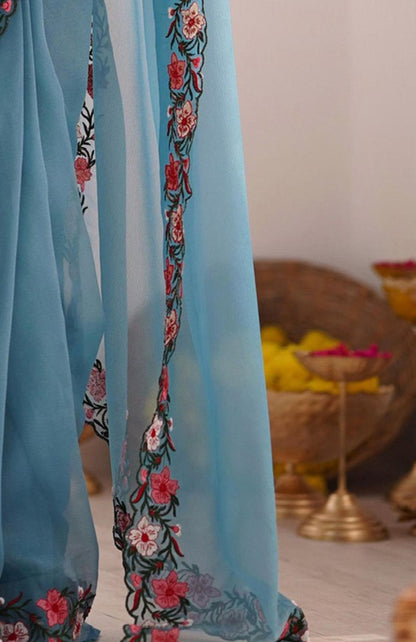 Pastel Faux Georgette Saree with Intricate Multi-Thread Embroidery & Heavy Work Blouse – Elegant Party Wear | Swaraas.in