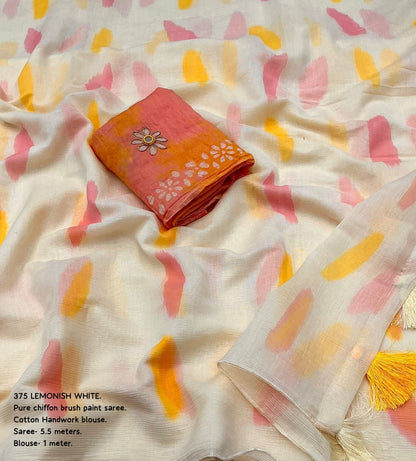 Pure Chiffon Saree with All-Over Brush Stripe Print & Matching Blouse – Lightweight Elegant Drape | Swaraas.in