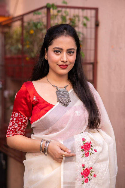 Pure Linen Saree with Elegant Silver Zari Pattu Border & Matching Blouse – Handloom-Inspired Ethnic Wear | Swaraas.in