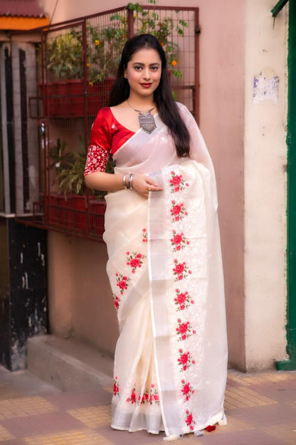 Pure Linen Saree with Elegant Silver Zari Pattu Border & Matching Blouse – Handloom-Inspired Ethnic Wear | Swaraas.in