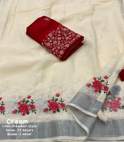 Pure Linen Saree with Elegant Silver Zari Pattu Border & Matching Blouse – Handloom-Inspired Ethnic Wear | Swaraas.in