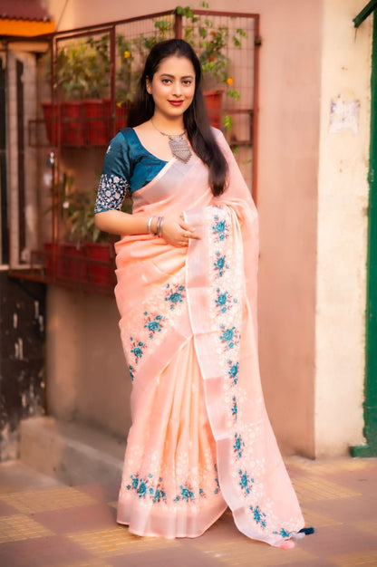 Pure Linen Saree with Elegant Silver Zari Pattu Border & Matching Blouse – Handloom-Inspired Ethnic Wear | Swaraas.in