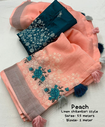 Pure Linen Saree with Elegant Silver Zari Pattu Border & Matching Blouse – Handloom-Inspired Ethnic Wear | Swaraas.in