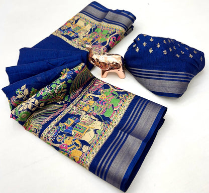 Soft Mul Dolla Saree with Elegant Foil Print & Golden Zari Pattu Border – Festive Ready Ethnic Wear | Swaraas.in