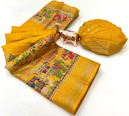 Soft Mul Dolla Saree with Elegant Foil Print & Golden Zari Pattu Border – Festive Ready Ethnic Wear | Swaraas.in