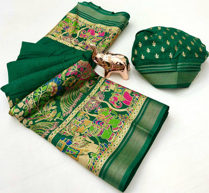 Soft Mul Dolla Saree with Elegant Foil Print & Golden Zari Pattu Border – Festive Ready Ethnic Wear | Swaraas.in
