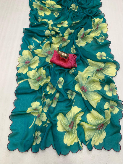 Blooming Summer Floral Georgette Saree with Mina Color Cutwork Border – Lightweight Bollywood Style Saree | Swaraas.in