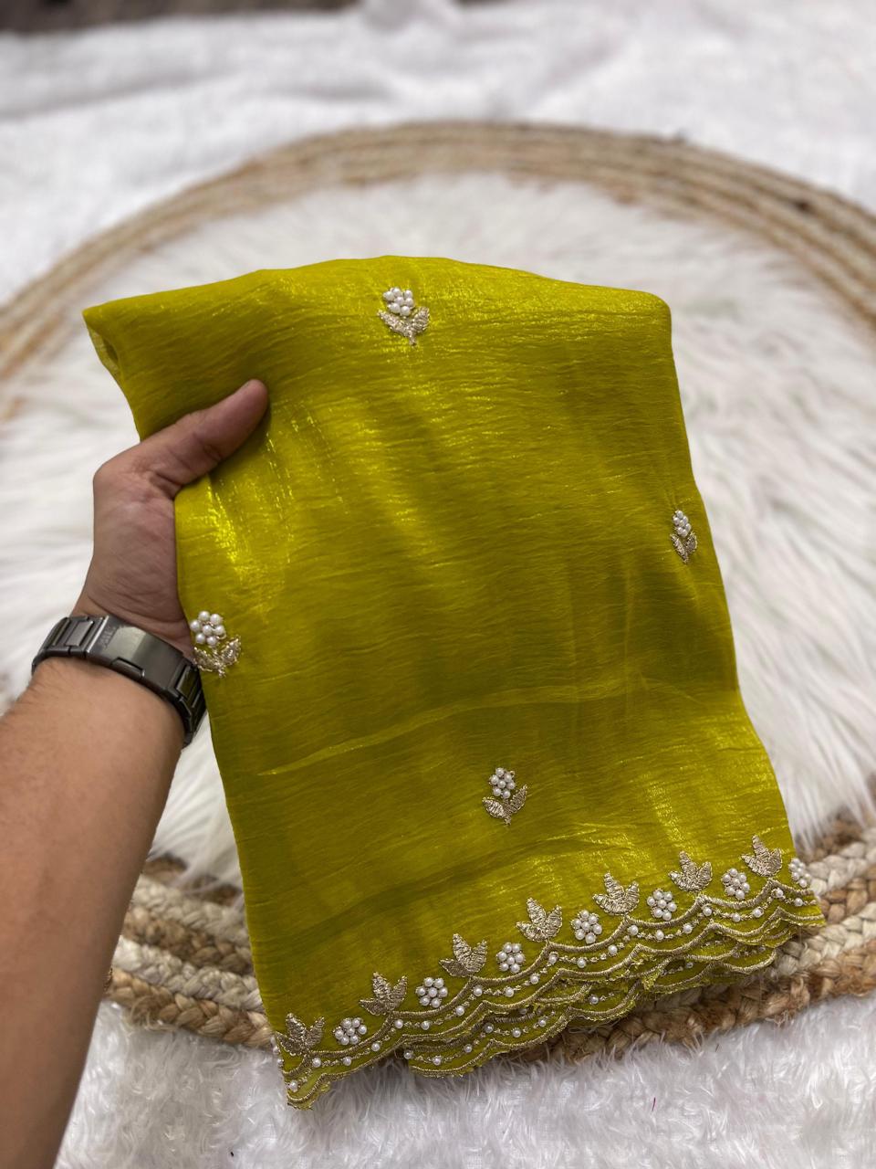 Crunchy chiffon crush silk with beautiful embroidery & moti work scalloped cut work border.