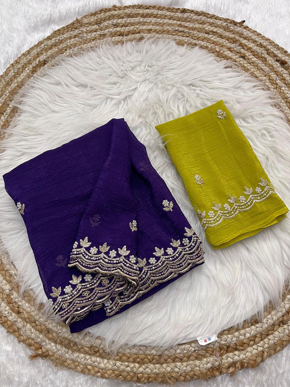Crunchy chiffon crush silk with beautiful embroidery & moti work scalloped cut work border.