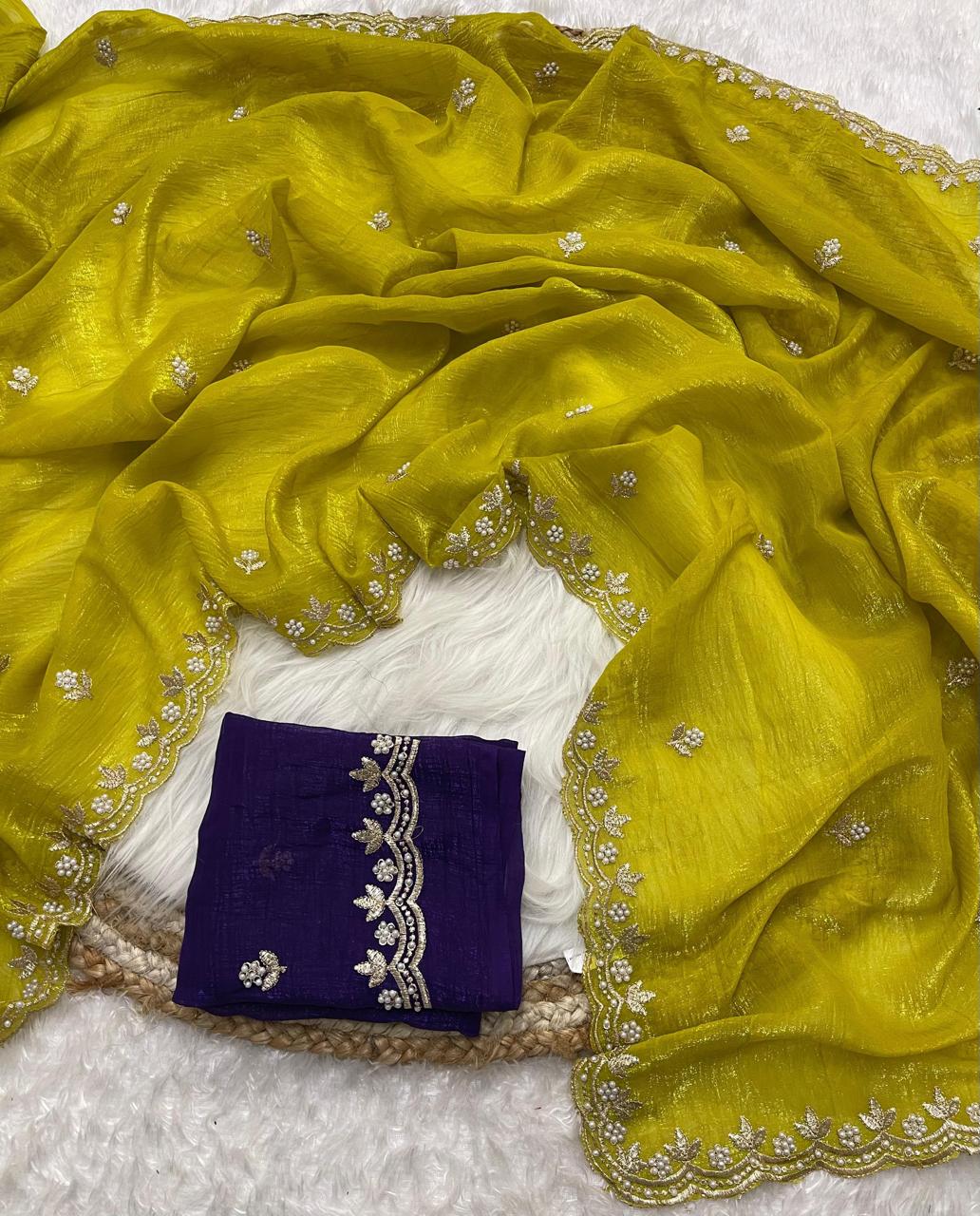 Crunchy chiffon crush silk with beautiful embroidery & moti work scalloped cut work border.