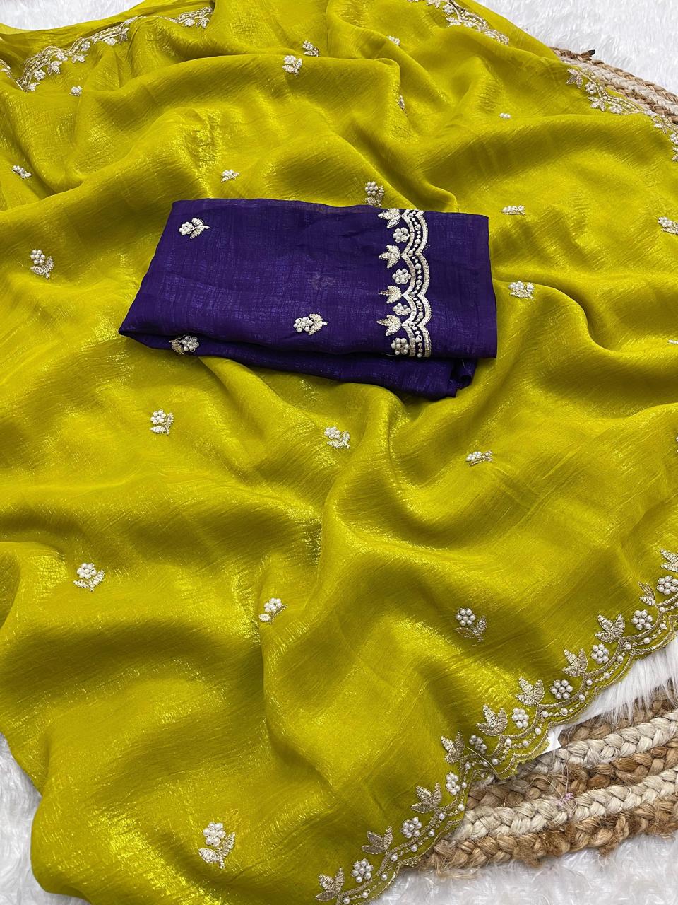 Crunchy chiffon crush silk with beautiful embroidery & moti work scalloped cut work border.