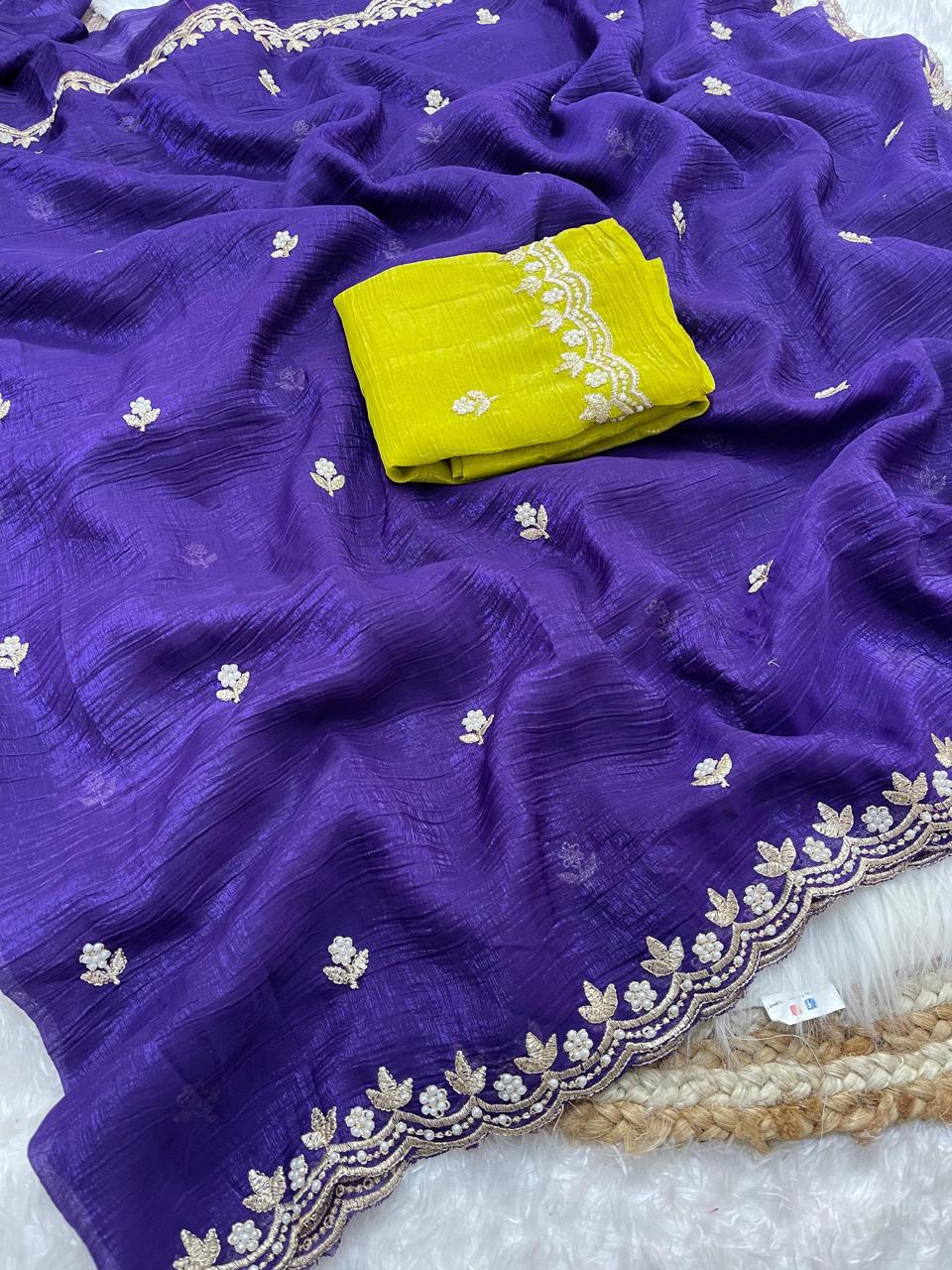 Crunchy chiffon crush silk with beautiful embroidery & moti work scalloped cut work border.