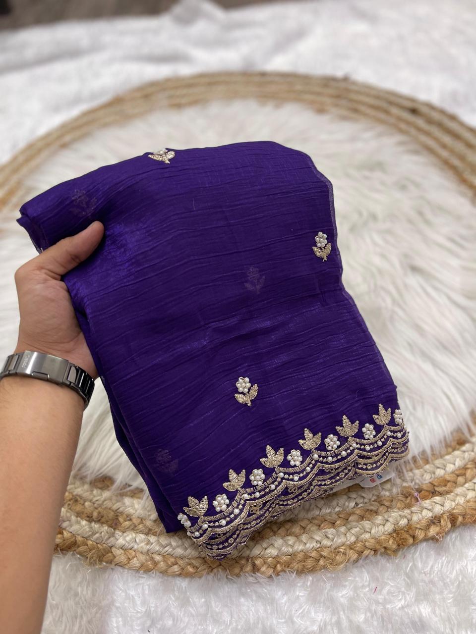 Crunchy chiffon crush silk with beautiful embroidery & moti work scalloped cut work border.