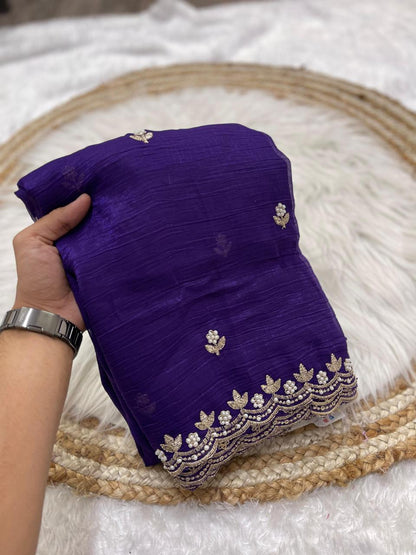 Crunchy Chiffon Silk Saree with Embroidery, Moti Work & Scalloped Cutwork Border – Elegant Party Wear | Swaraas.in