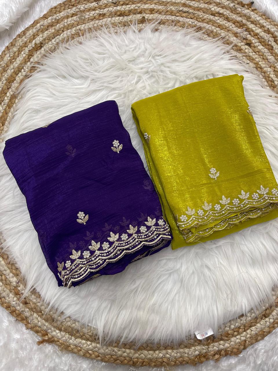Crunchy chiffon crush silk with beautiful embroidery & moti work scalloped cut work border.
