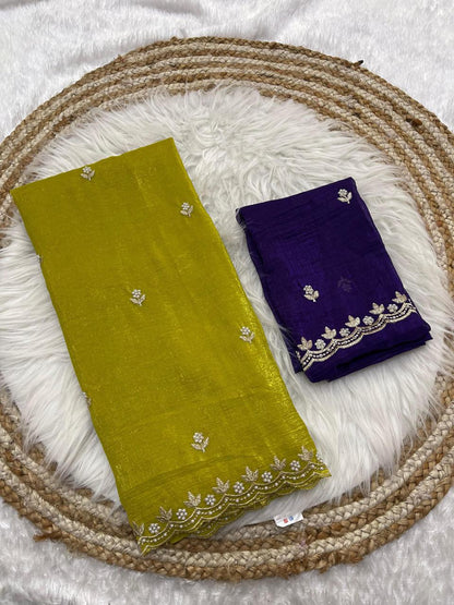 Crunchy Chiffon Silk Saree with Embroidery, Moti Work & Scalloped Cutwork Border – Elegant Party Wear | Swaraas.in