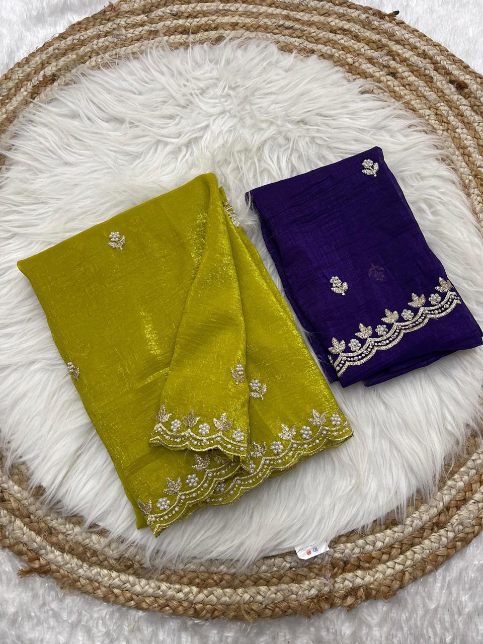 Crunchy chiffon crush silk with beautiful embroidery & moti work scalloped cut work border.