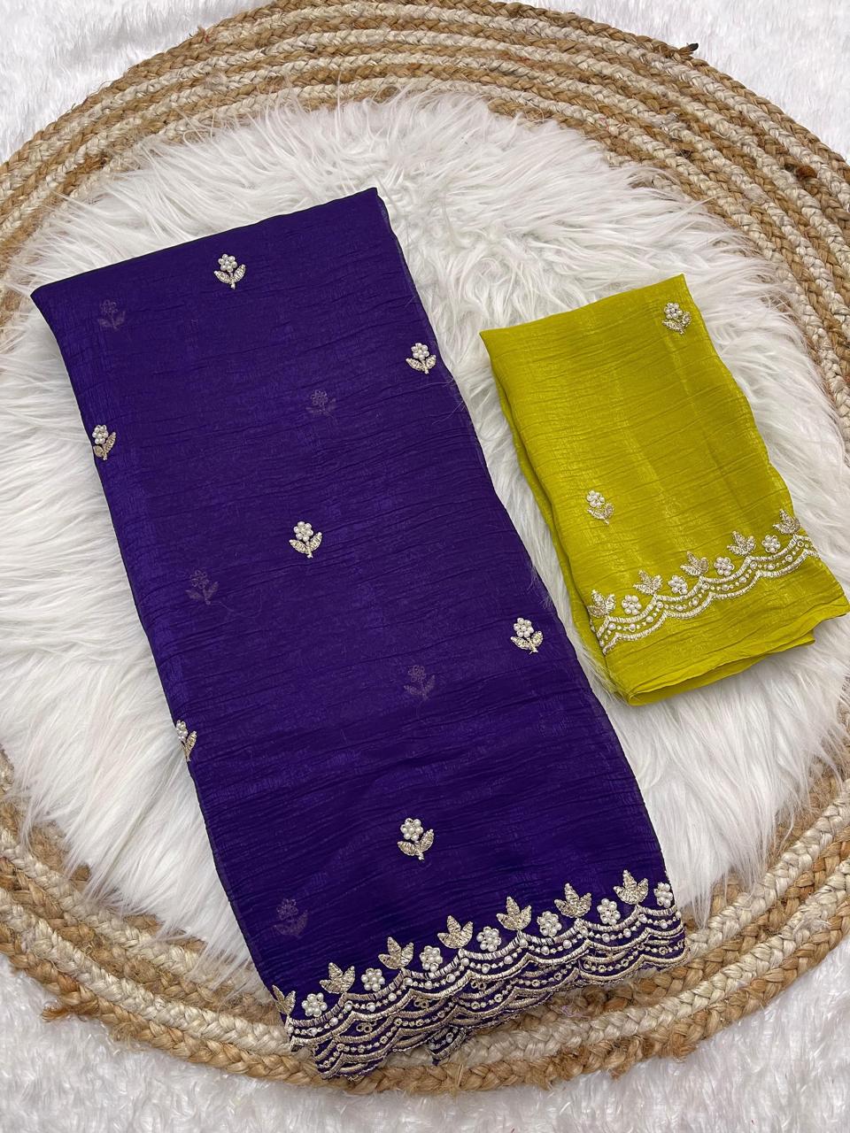 Crunchy chiffon crush silk with beautiful embroidery & moti work scalloped cut work border.