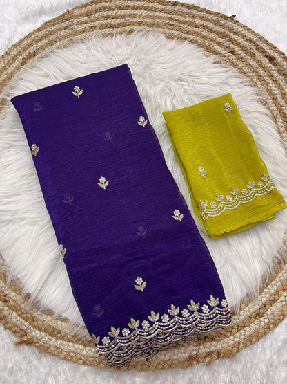 Crunchy Chiffon Silk Saree with Embroidery, Moti Work & Scalloped Cutwork Border – Elegant Party Wear | Swaraas.in