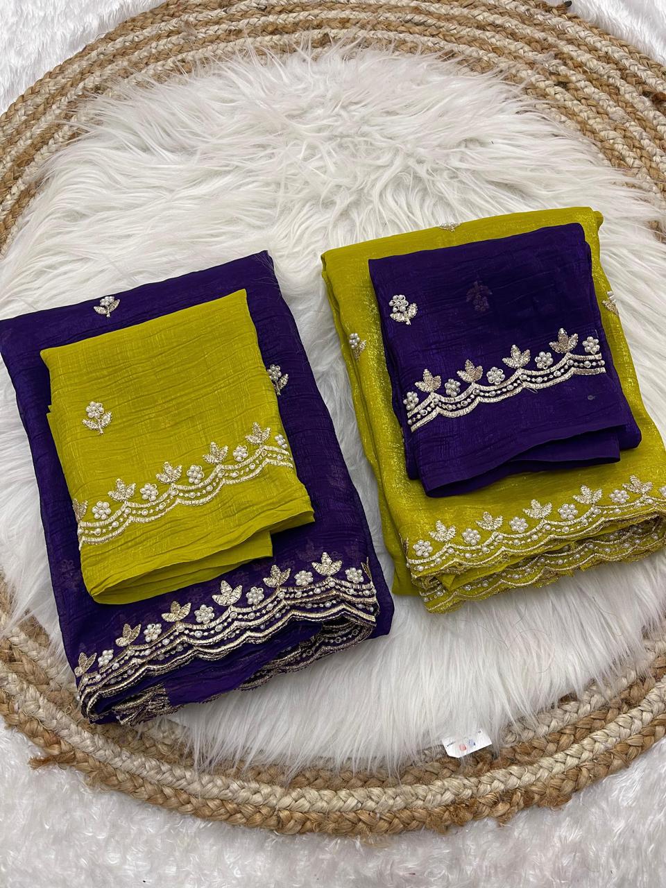 Crunchy chiffon crush silk with beautiful embroidery & moti work scalloped cut work border.