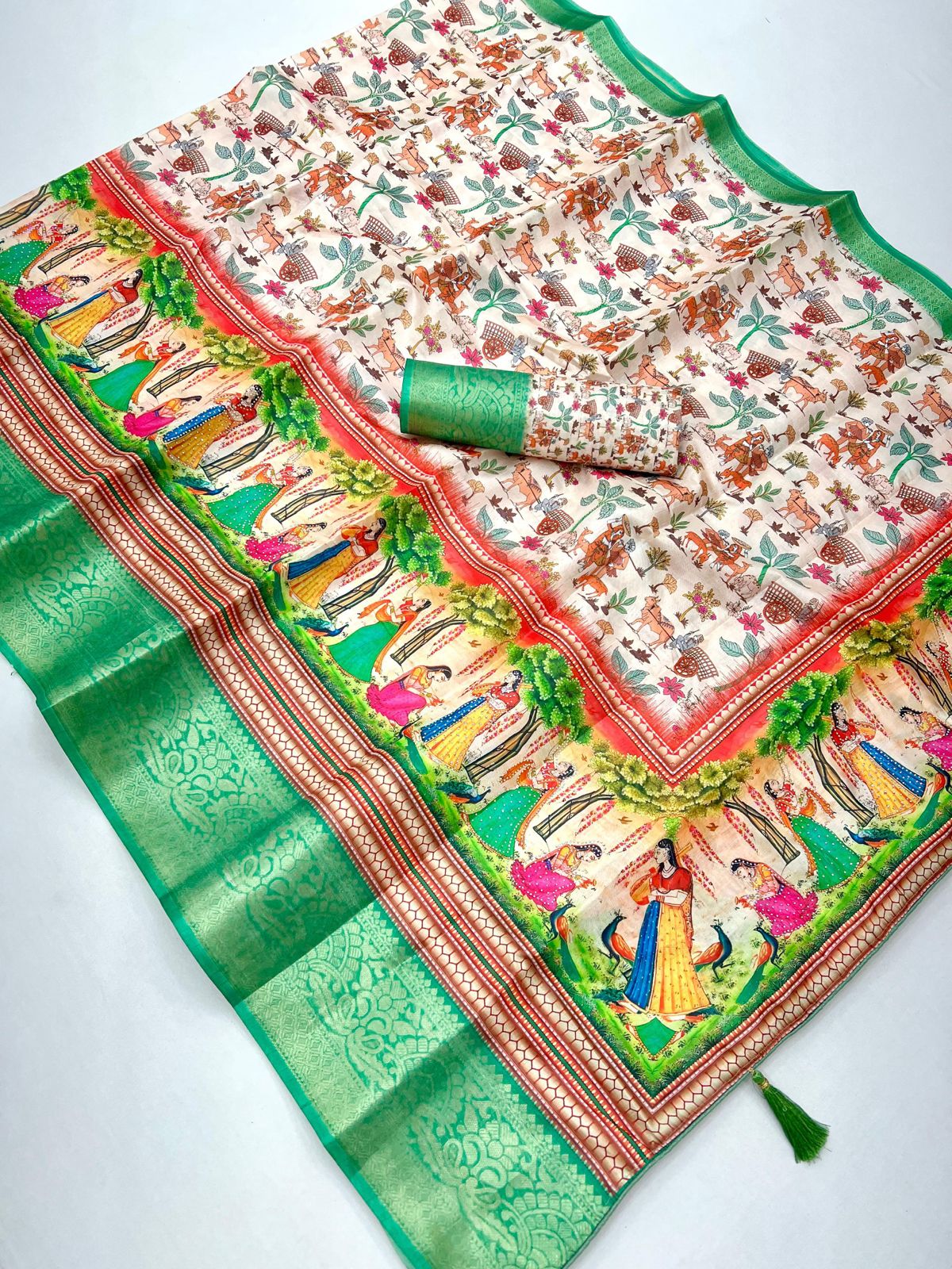 Pure Soft Dolla Silk With Weaving Jequard Border  Work~ kalamkari print with sirwaski stone work and fancy tassals on pallu