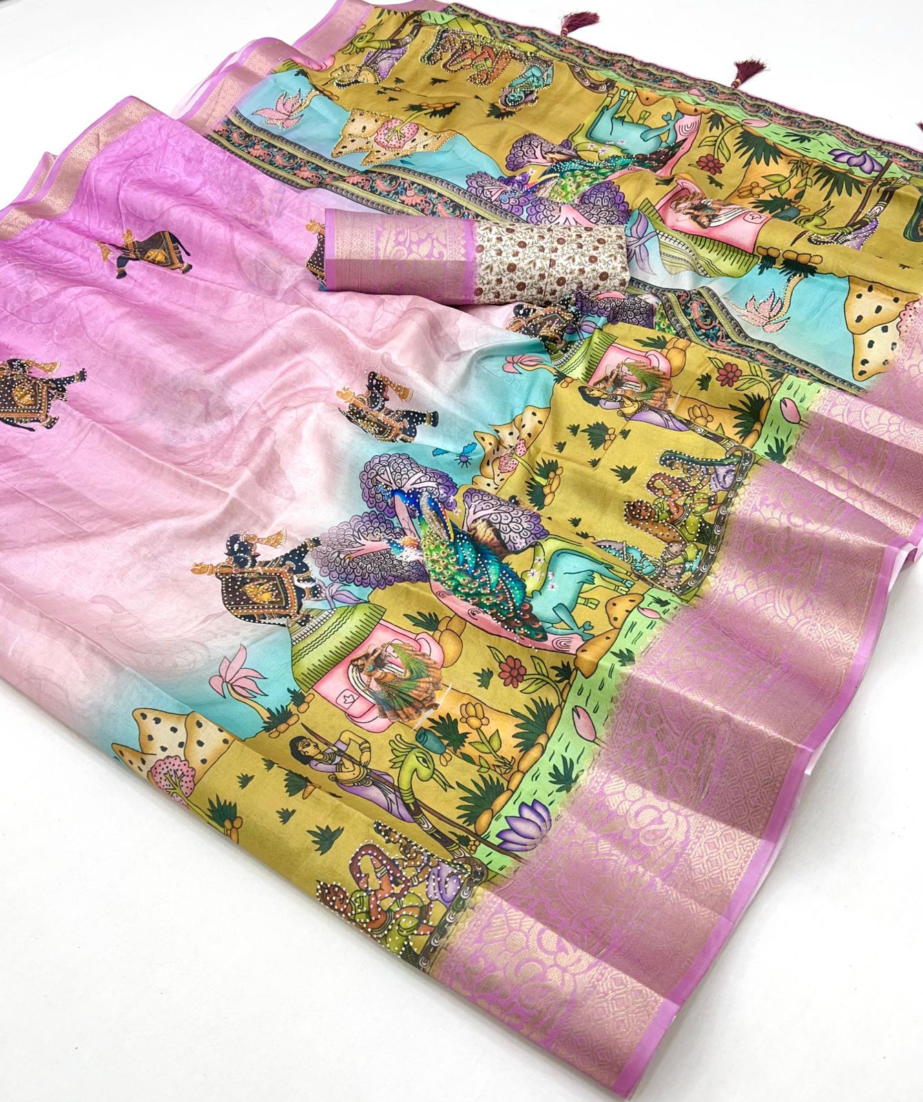 Pure Soft Dolla Silk With Weaving Jequard Border  Work~ kalamkari print with sirwaski stone work and fancy tassals on pallu