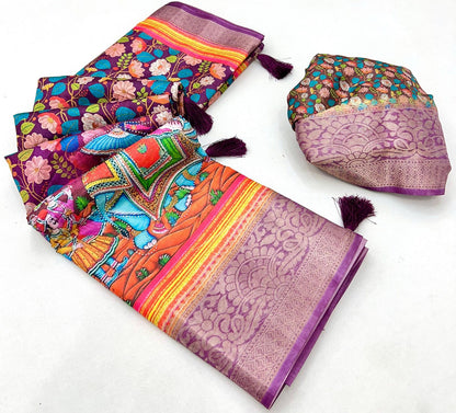 Pure Soft Dola Silk Saree with Kalamkari Print, Swarovski Stone Work & Jacquard Border | Fancy Tassels Pallu