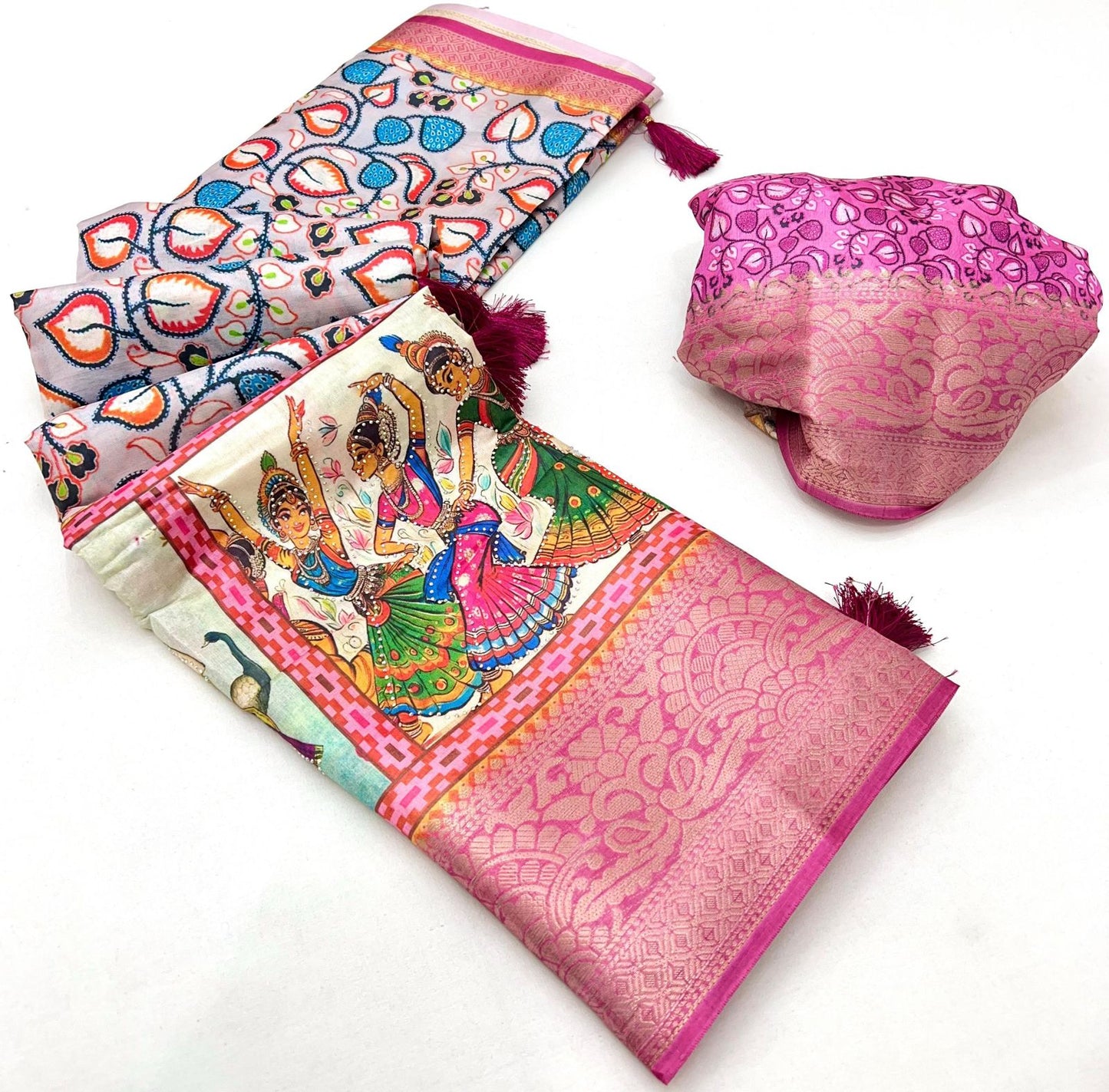 Pure Soft Dolla Silk With Weaving Jequard Border  Work~ kalamkari print with sirwaski stone work and fancy tassals on pallu
