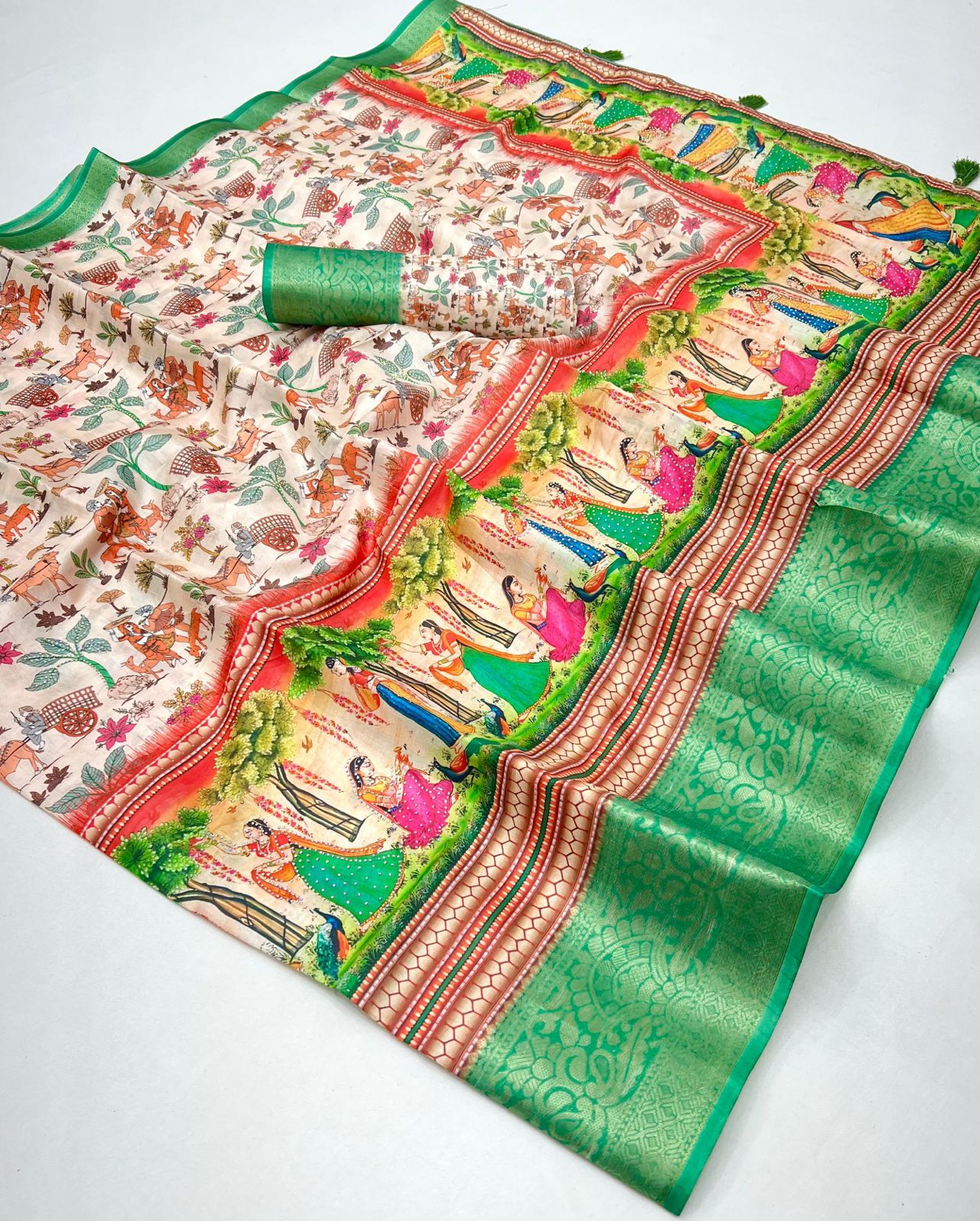 Pure Soft Dolla Silk With Weaving Jequard Border  Work~ kalamkari print with sirwaski stone work and fancy tassals on pallu