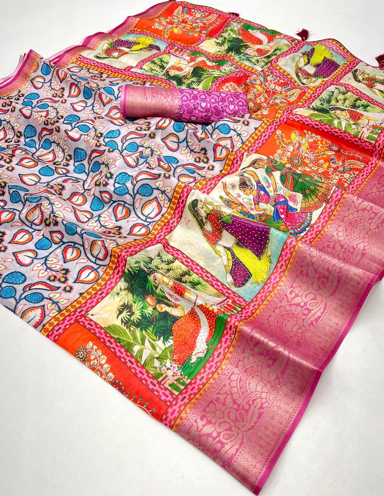 Pure Soft Dolla Silk With Weaving Jequard Border  Work~ kalamkari print with sirwaski stone work and fancy tassals on pallu