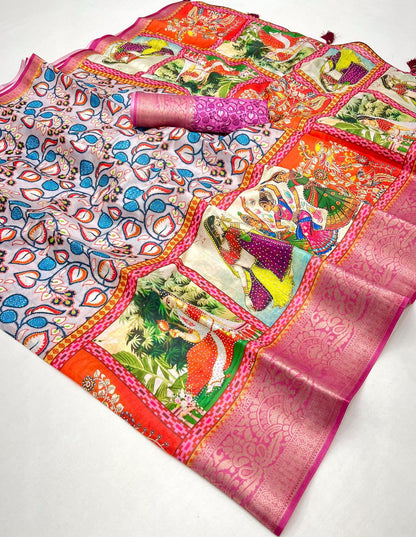 Pure Soft Dola Silk Saree with Kalamkari Print, Swarovski Stone Work & Jacquard Border | Fancy Tassels Pallu