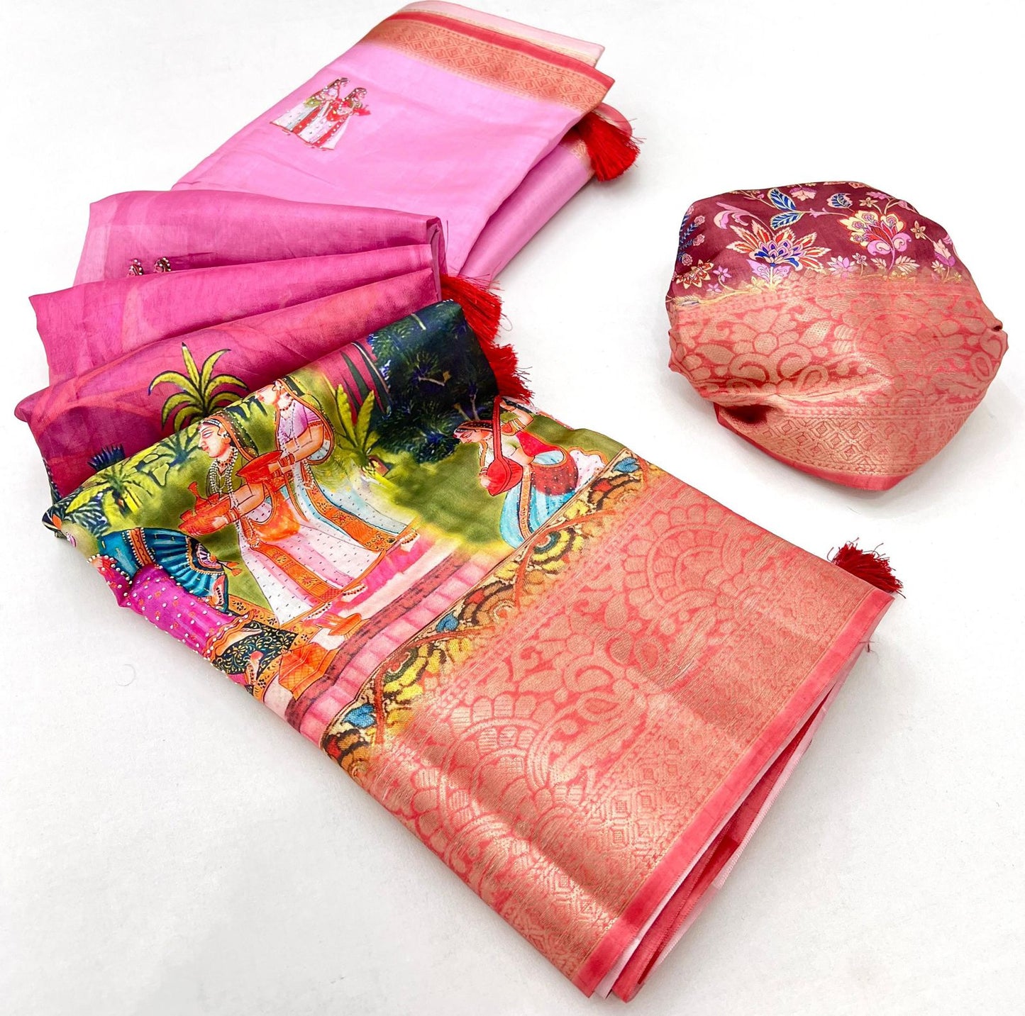 Pure Soft Dolla Silk With Weaving Jequard Border  Work~ kalamkari print with sirwaski stone work and fancy tassals on pallu