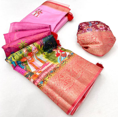 Pure Soft Dola Silk Saree with Kalamkari Print, Swarovski Stone Work & Jacquard Border | Fancy Tassels Pallu
