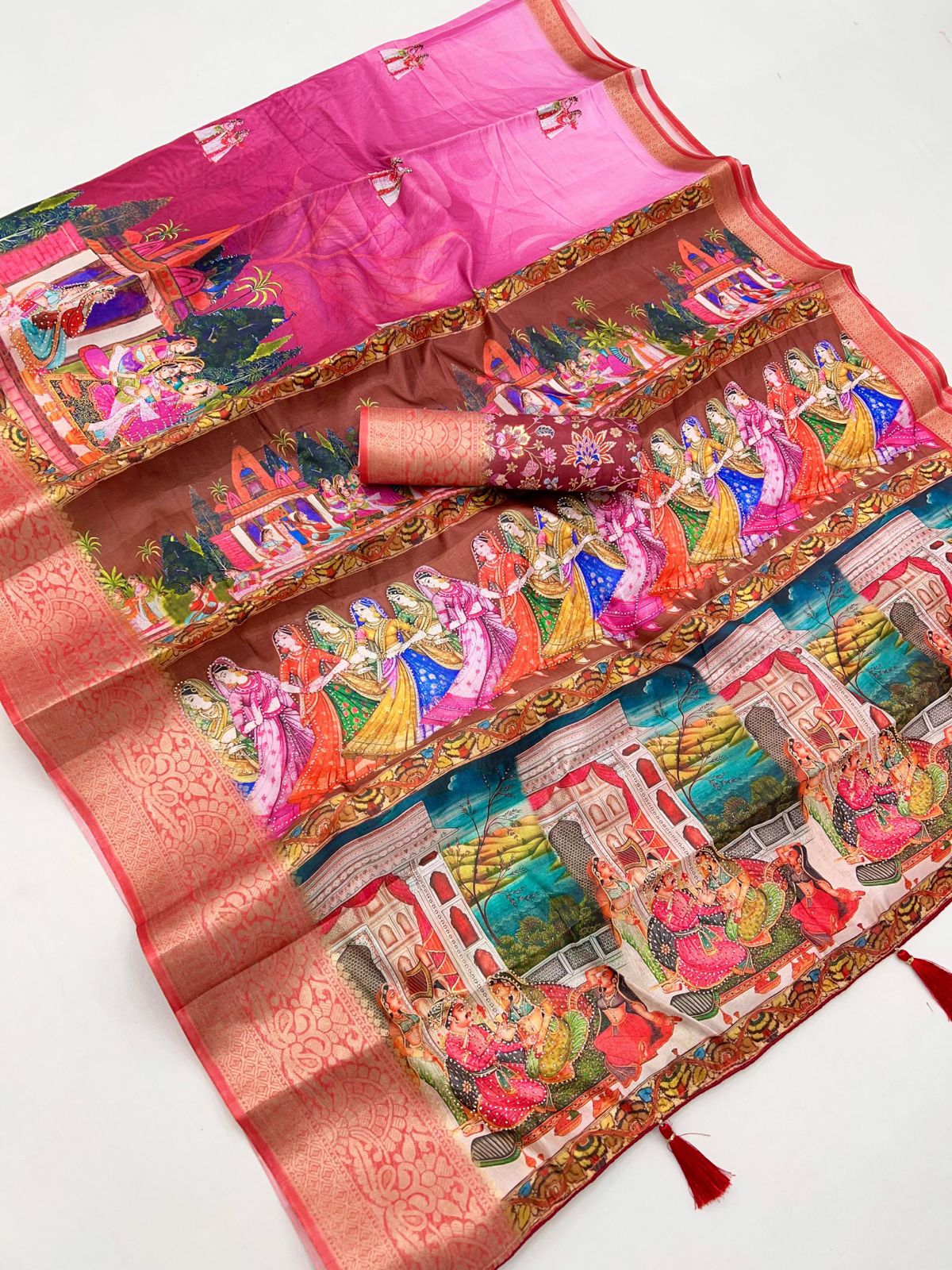 Pure Soft Dolla Silk With Weaving Jequard Border  Work~ kalamkari print with sirwaski stone work and fancy tassals on pallu
