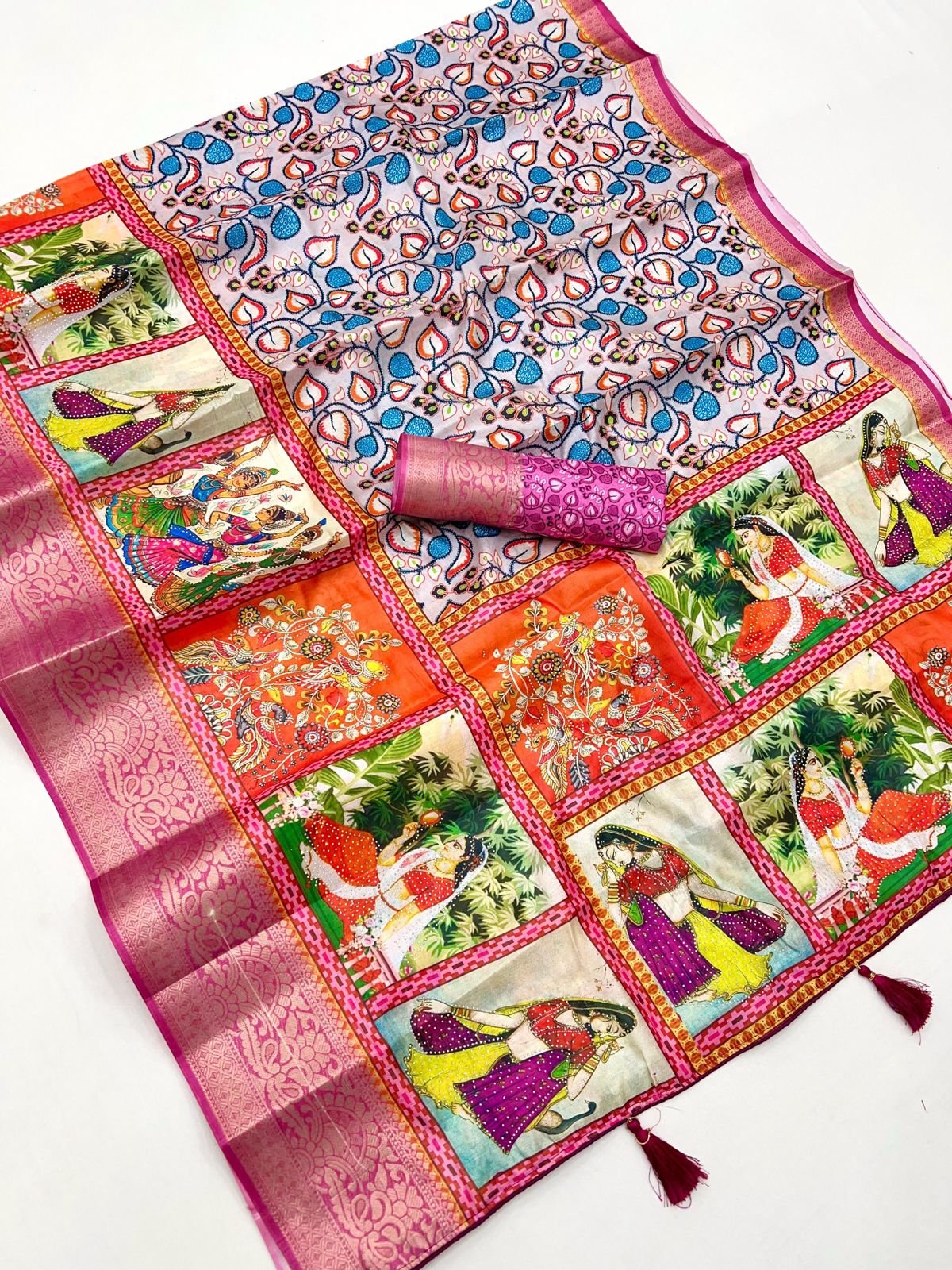 Pure Soft Dolla Silk With Weaving Jequard Border  Work~ kalamkari print with sirwaski stone work and fancy tassals on pallu
