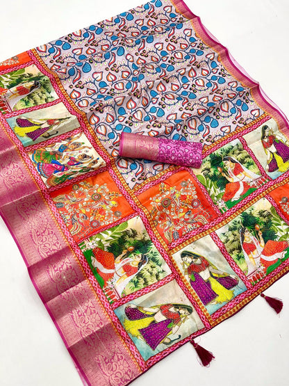 Pure Soft Dola Silk Saree with Kalamkari Print, Swarovski Stone Work & Jacquard Border | Fancy Tassels Pallu