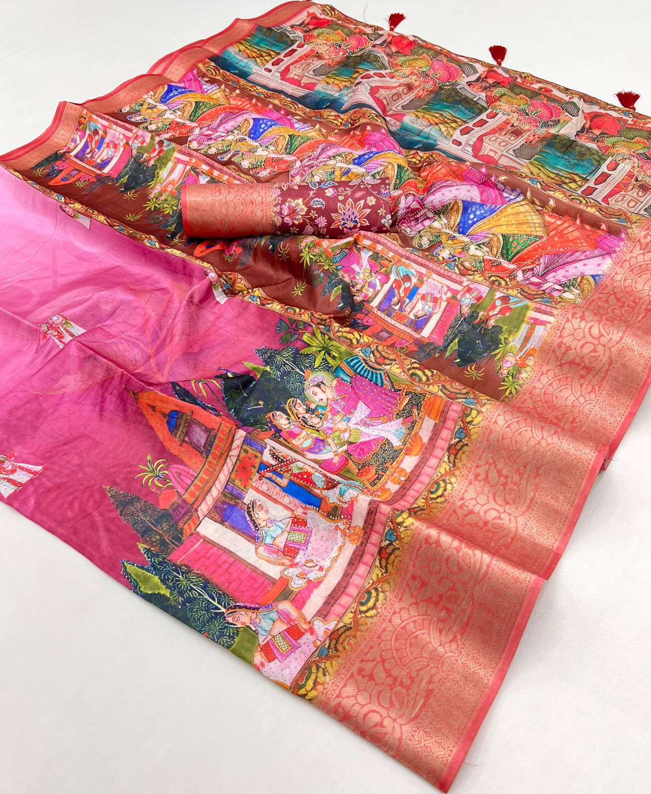 Pure Soft Dolla Silk With Weaving Jequard Border  Work~ kalamkari print with sirwaski stone work and fancy tassals on pallu