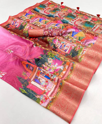 Pure Soft Dola Silk Saree with Kalamkari Print, Swarovski Stone Work & Jacquard Border | Fancy Tassels Pallu
