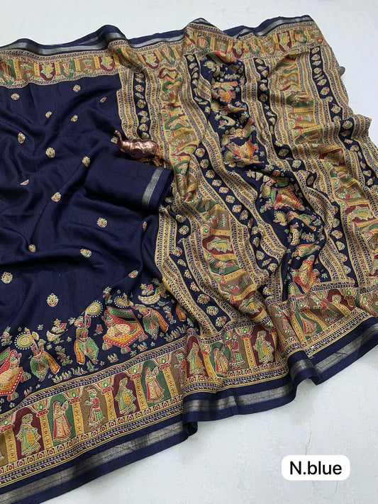 Pure soft Tusser Kashmiri printed saree with Rich Pallu & Fancy Golden Border