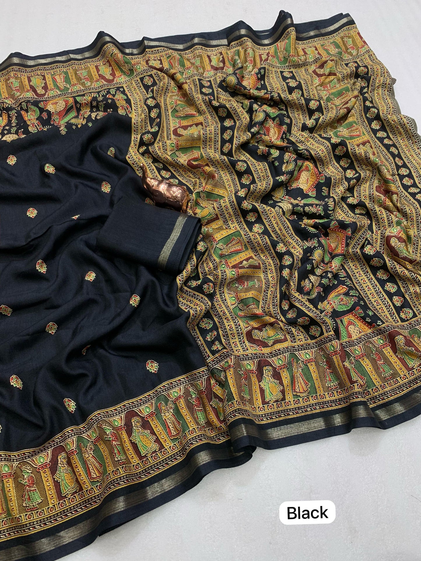 Pure soft Tusser Kashmiri printed saree with Rich Pallu & Fancy Golden Border