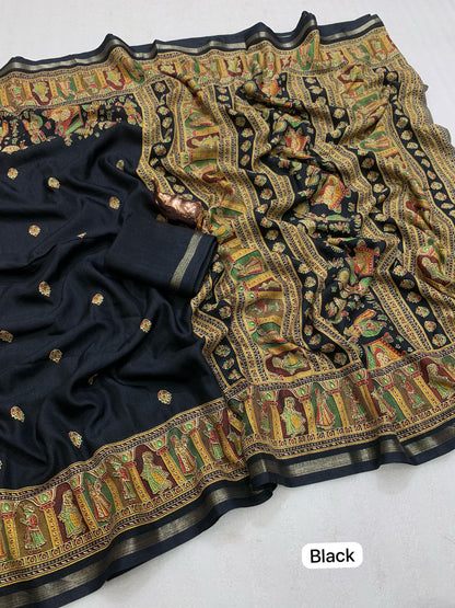 Pure Soft Tussar Silk Saree with Kashmiri Print, Rich Pallu & Fancy Golden Border – Elegant Ethnic Wear | Swaraas.in