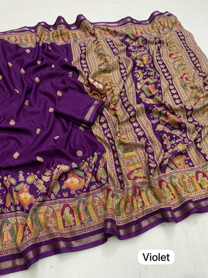 Pure Soft Tussar Silk Saree with Kashmiri Print, Rich Pallu & Fancy Golden Border – Elegant Ethnic Wear | Swaraas.in