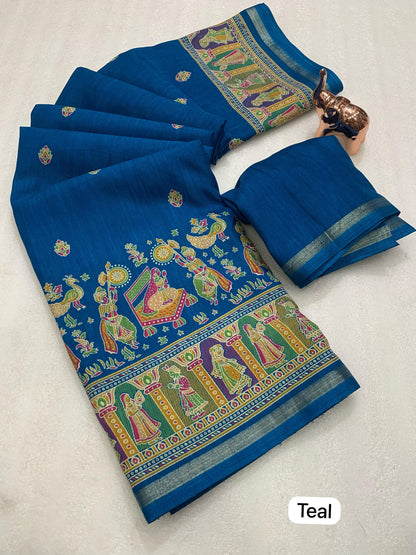 Pure Soft Tussar Silk Saree with Kashmiri Print, Rich Pallu & Fancy Golden Border – Elegant Ethnic Wear | Swaraas.in