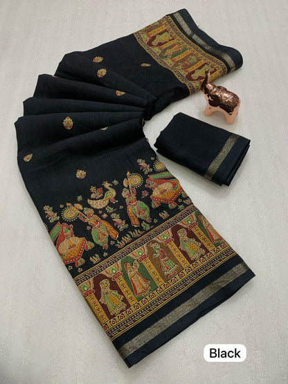 Pure Soft Tussar Silk Saree with Kashmiri Print, Rich Pallu & Fancy Golden Border – Elegant Ethnic Wear | Swaraas.in