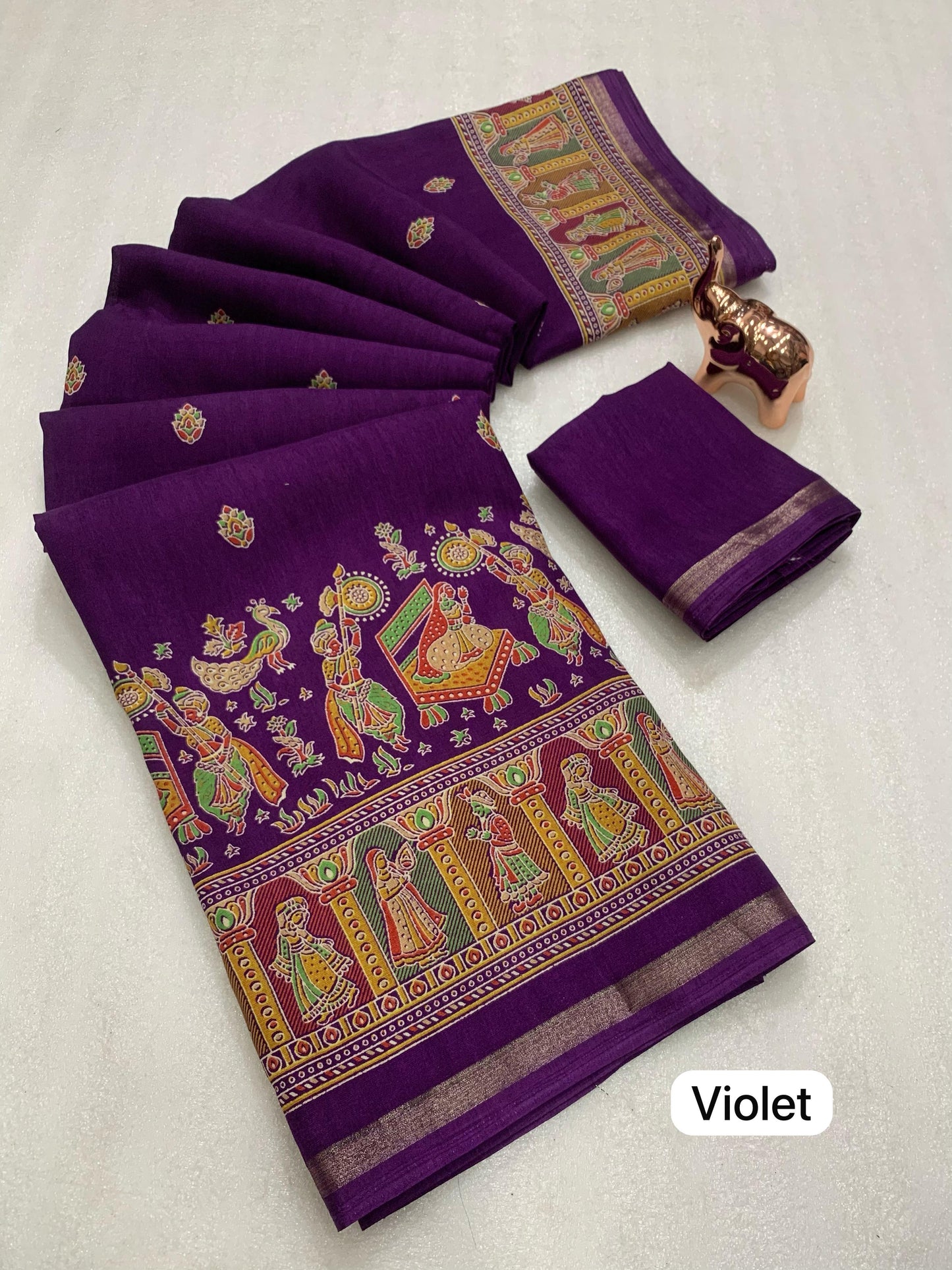 Pure soft Tusser Kashmiri printed saree with Rich Pallu & Fancy Golden Border