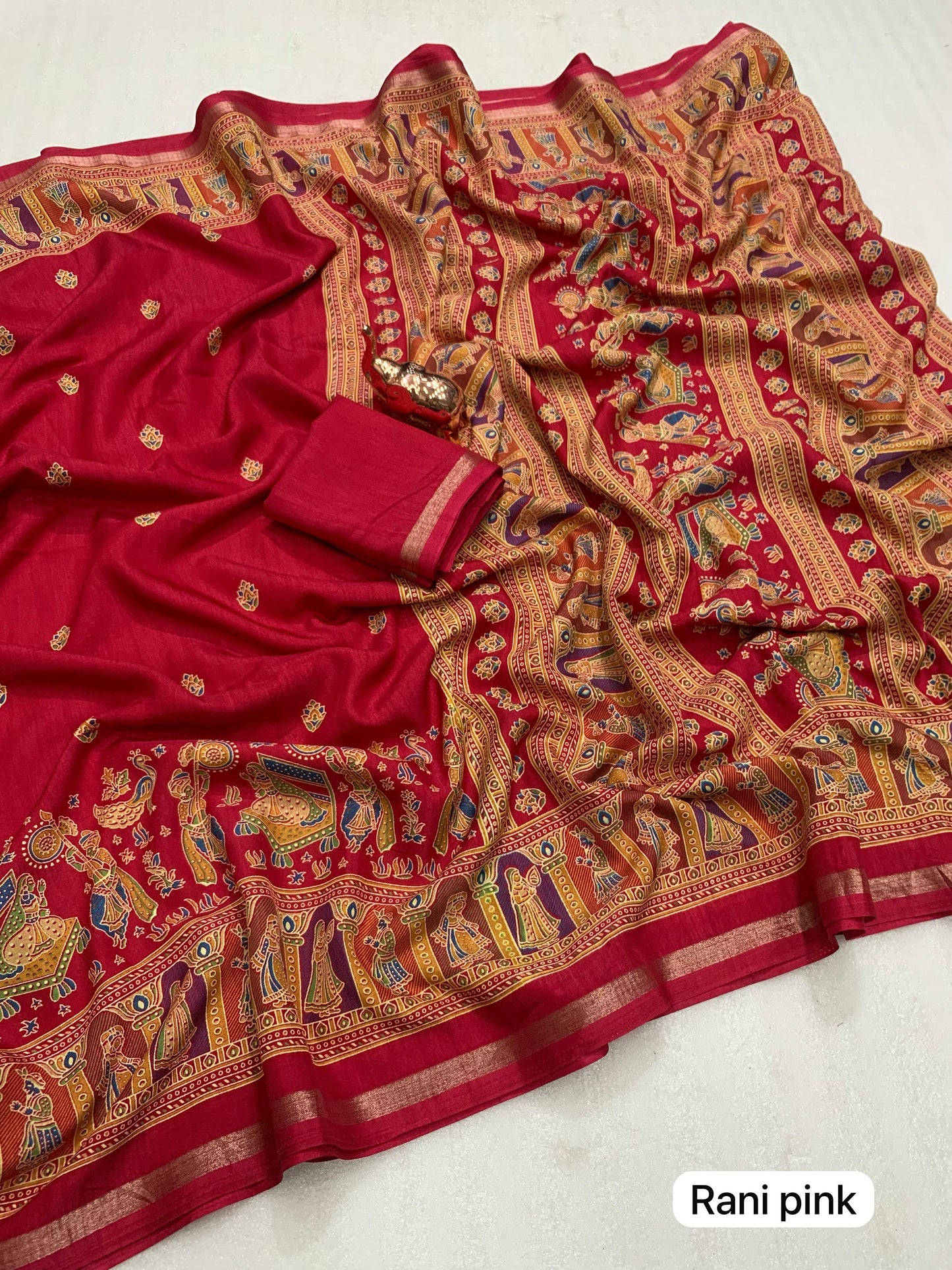Pure soft Tusser Kashmiri printed saree with Rich Pallu & Fancy Golden Border